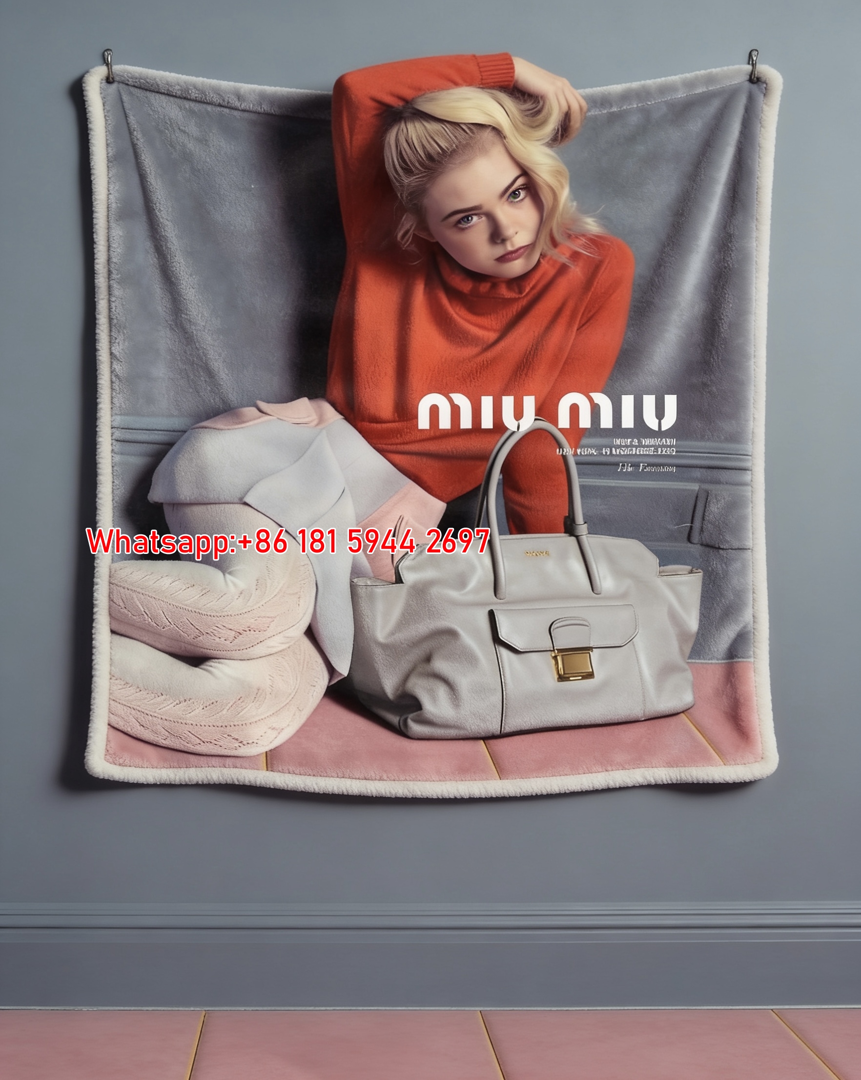 Miu Miu Orange & Grey Elle Fanning Portrait Printed Flannel Sofa Throw Blanket IMG_0465